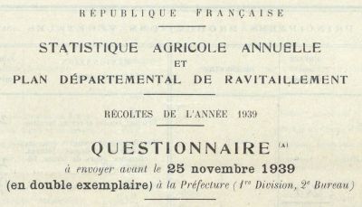 En-tte utilis en 1938 sur les questionnaires de statistique agricole annuelle envoys aux communes par la direction dpartementale de lAgriculture.