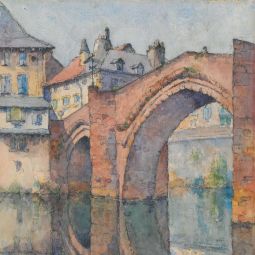 Le Pont-Vieux  Espalion (Aveyron), non dat. Aquarelle sur papier, 38 x 55 cm. Collection particulire.
