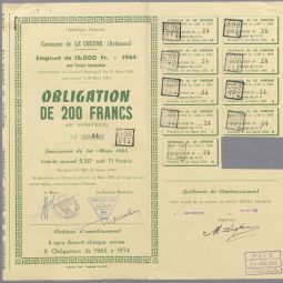 Coupon d’obligation suite à un emprunt pour des travaux communaux au Chesne, 1965 (cote : 10O/LE-CHESNE 4)