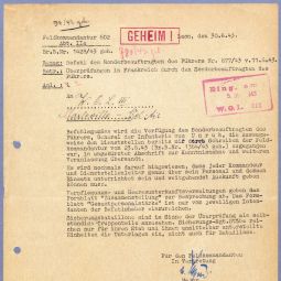 Instruction du 30 juin 1943 de la Feldkommandantur de Laon adressée à la Wirtschaftsoberleitung III à Charleville (AD08, 12R 99)