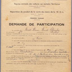 Extrait du formulaire de demande d’’indemnité de dépossession suite à la vente des biens de la W.O.L., 15 décembre 1946 (AD08, 11R 522)