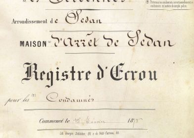 Page de couverture du premier registre d’écrou de la maison d’arrêt de Sedan, 1875 (cote : 2Y 38)