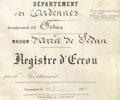 Page de couverture du premier registre d’écrou de la maison d’arrêt de Sedan, 1875 (cote : 2Y 38)