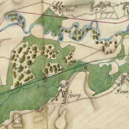 Extrait d’une carte de la vallée de l’Aisne depuis Givry jusqu’à la ferme de Pargny, avec l’indication des tracées proposés par les ingénieurs civils et militaires », 1er août 1824 (cote 3S5/7)