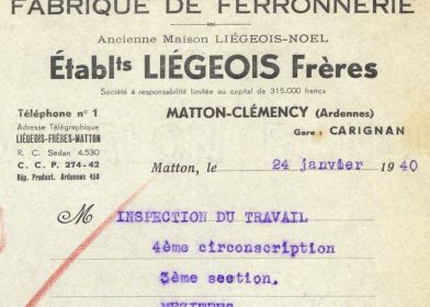 Exemple de papier à en-tête d’une entreprise de Matton-Clémency ayant adressé la liste de ses ouvriers à l’Inspection du Travail en 1940 (Archives départementales des Ardennes, 11M 81)