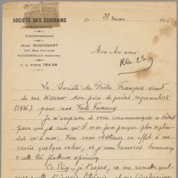 Lettre de Jean Rogissart à Émile Faynot lui annonçant son prix de poésie régionaliste pour les Verts fuseaux de la Semoy et la Meuse, 21 mars 1936. Collection particulière.