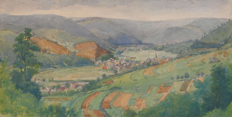 Vue sur la vallée de la Semoy, 1915. Aquarelle sur papier, 21 x 41 cm. Collection particulière.