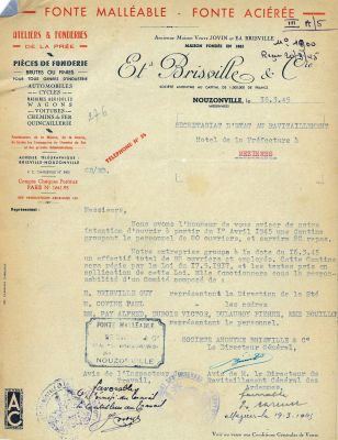 Exemple d’une demande d’ouverture d’une cantine pour le personnel d’une usine de Nouzonville en 1945