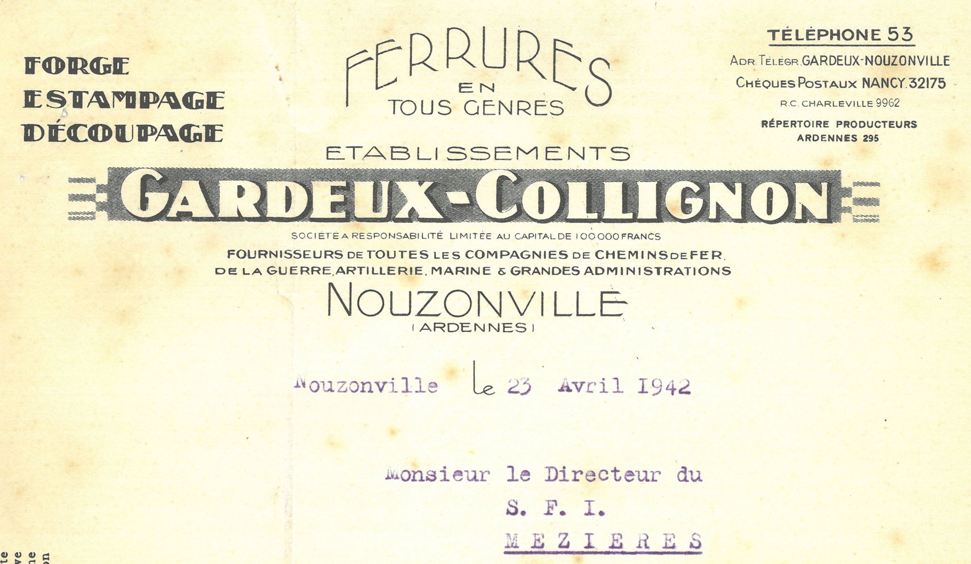 Papier à en-tête d’une entreprise de Nouzonville sur une lettre justifiant de dépenses liées au repli de son usine durant l’évacuation)